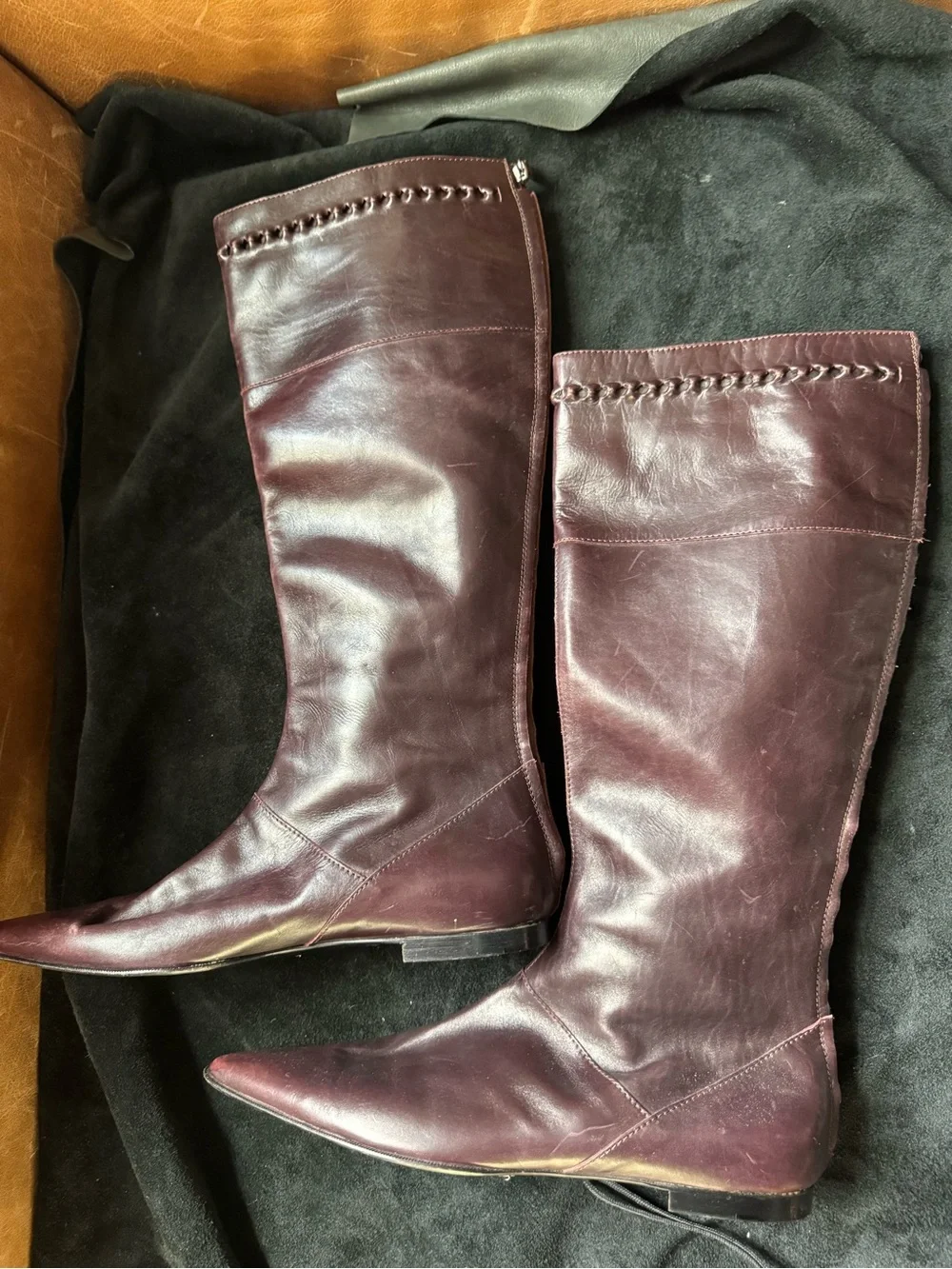 Alberta Ferretti Tall Leather knee high Boots deep purple maroon pointed toe